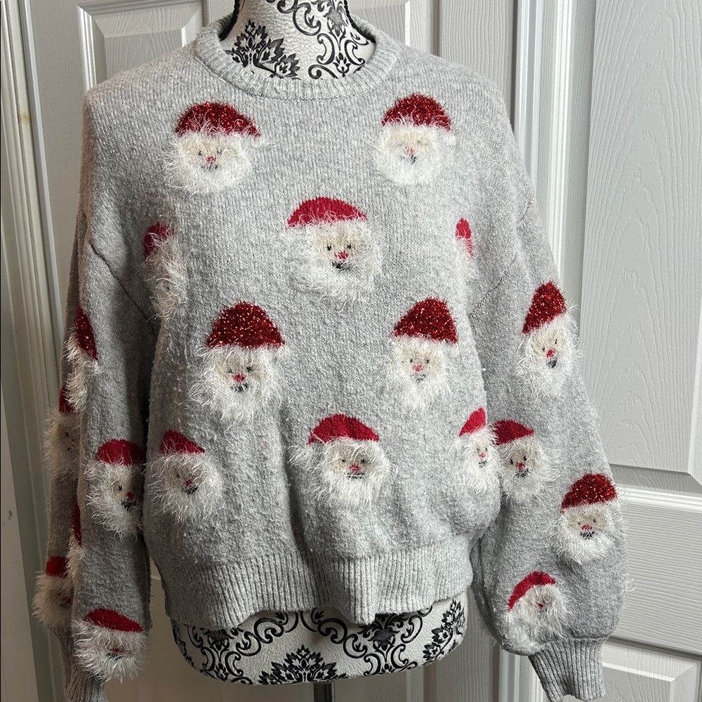 Festive Santa Face Fuzzy Holiday Sweater - Gray & Red M